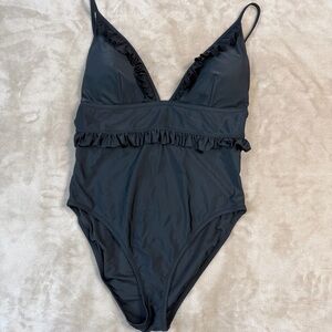 J. Crew Re-Imagined Plunge Black Ruffled One-Piece Swimsuit Size 12